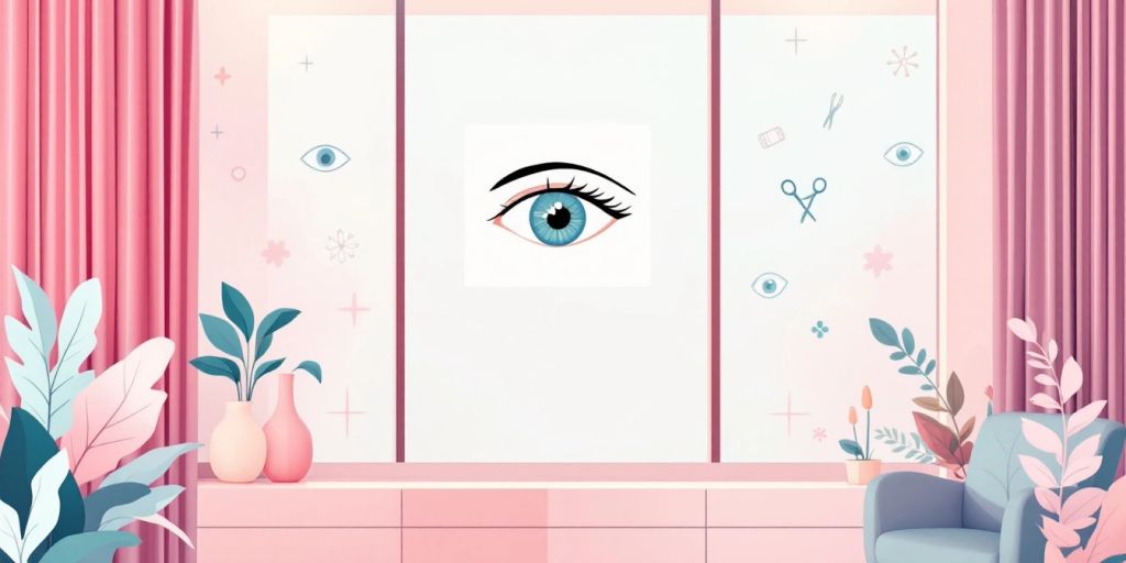 Ilustração de uma clínica oftalmológica com ícones médicos.