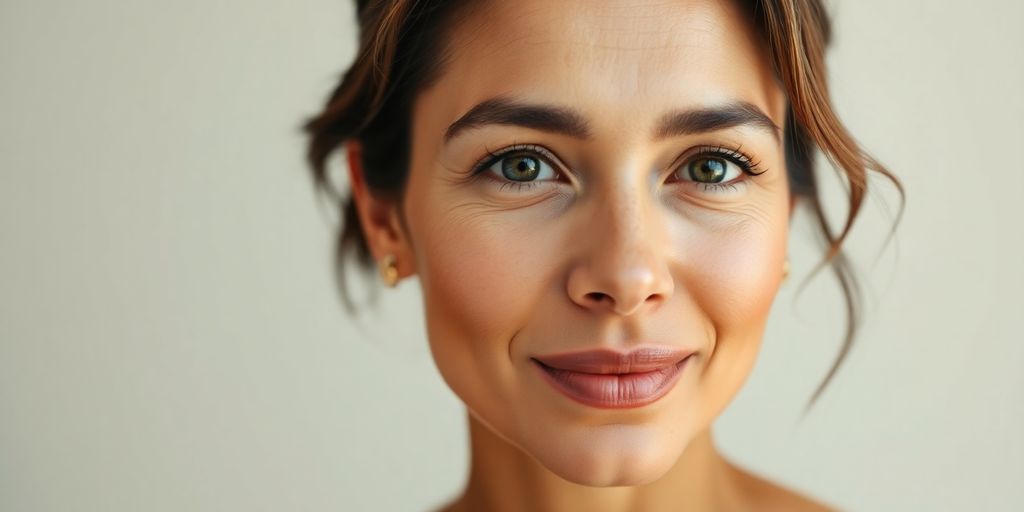 Mulher brasileira com expressão serena, realçando saúde e beleza.