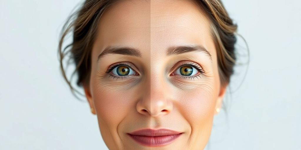 Mulher brasileira sorrindo, olhos realçados, antes e depois.