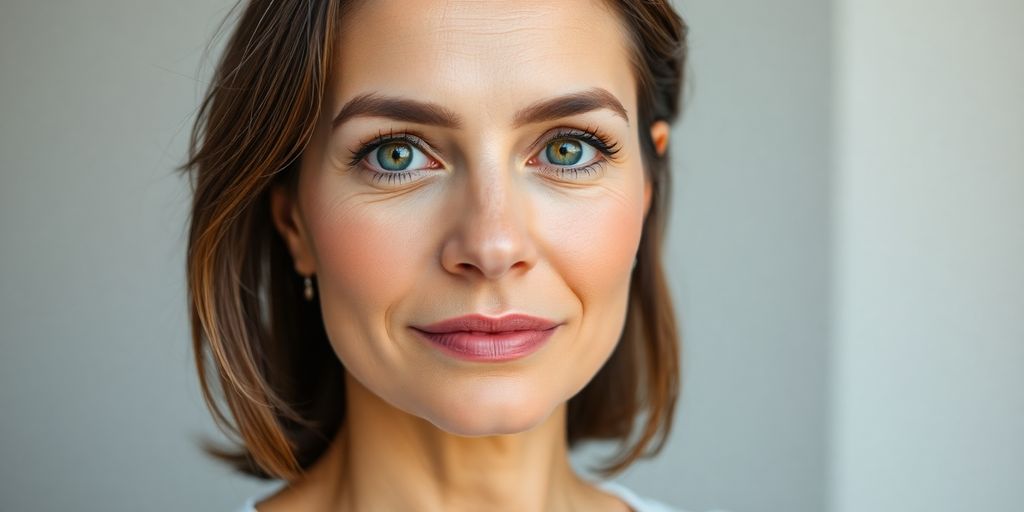 Mulher brasileira sorrindo, olhos iluminados e saudáveis.